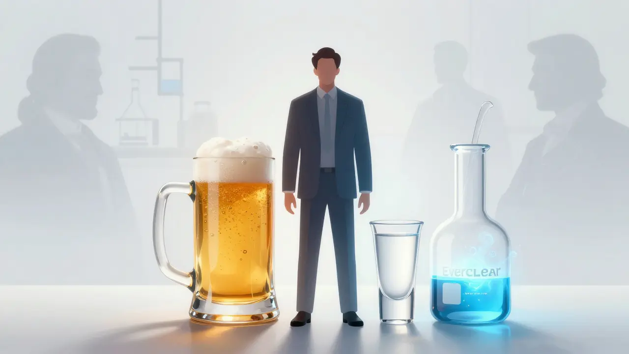 Umělecká ilustrace porovnávající sílu různých alkoholických nápojů