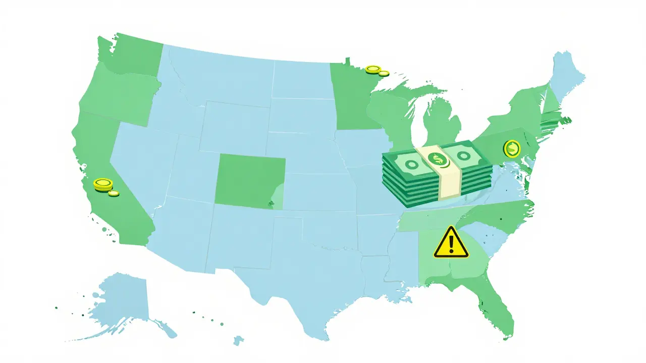 Abstraktní mapa USA ukazující rozdíly v cenách licencí mezi státy
