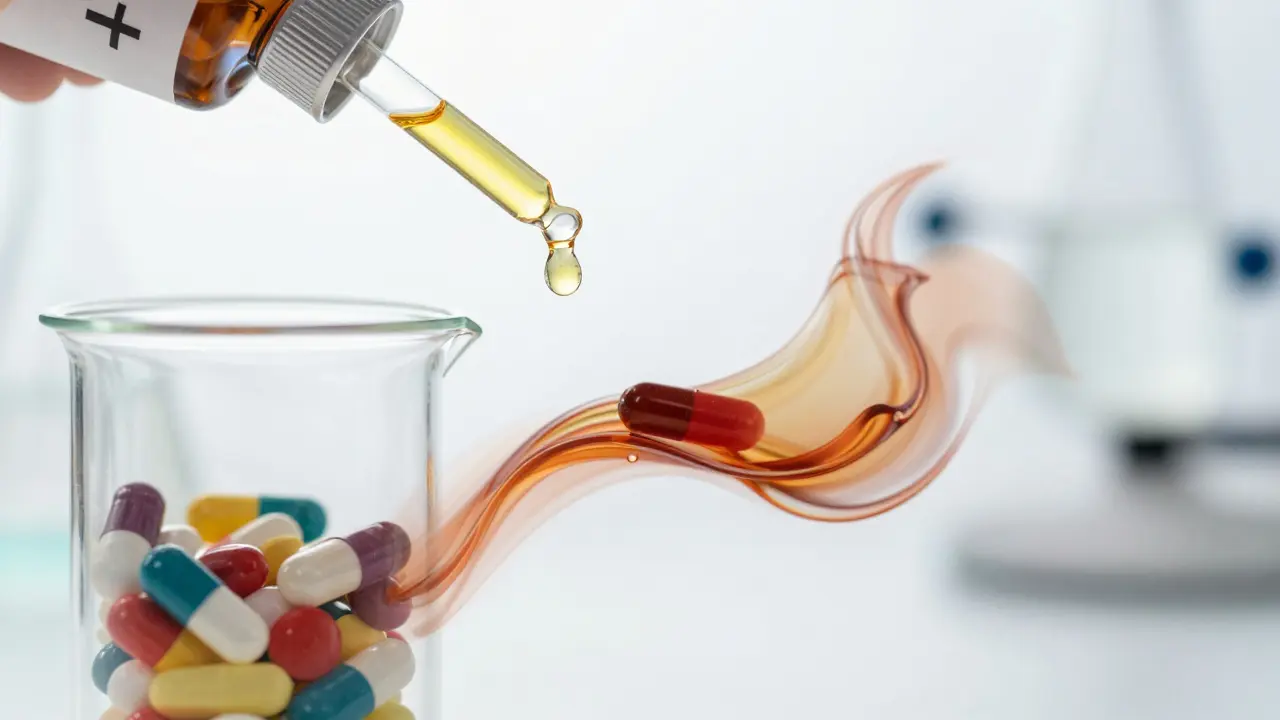 Kapky CBD oleje smíchávané s léky v laboratorním sklenici