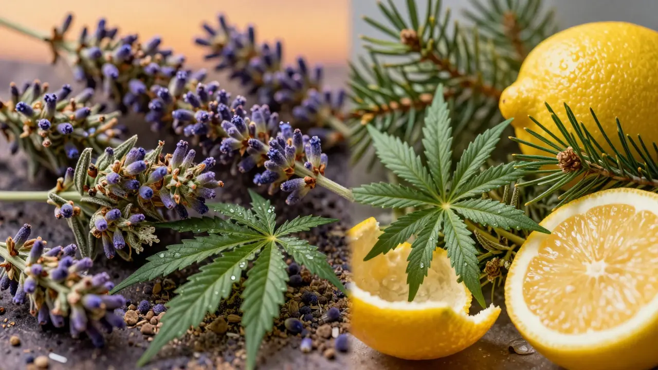 Květy levandule a citronová kůra ilustrující vliv terpenů na únavu nebo energii.