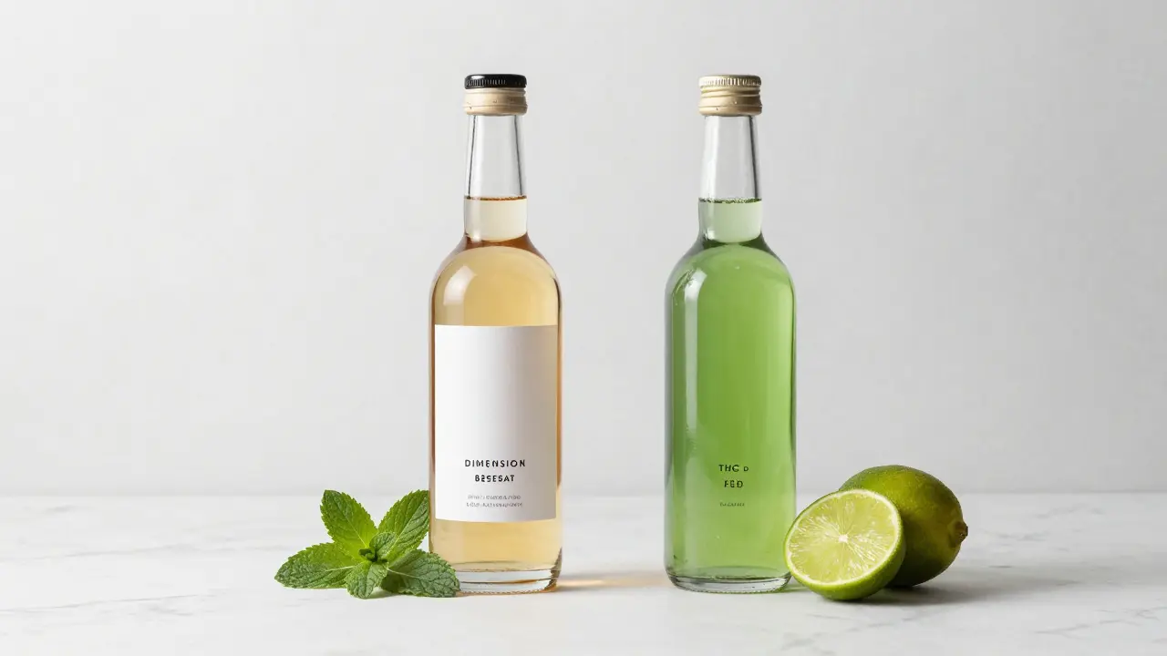 Lahev s alkoholem a konopným nápojem na mramorovém stole