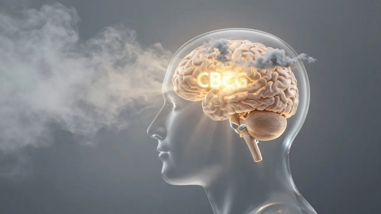 Metafora mentální jasnosti: rozptýlení mlhy z mozku světlem představujícím účinek CBG.