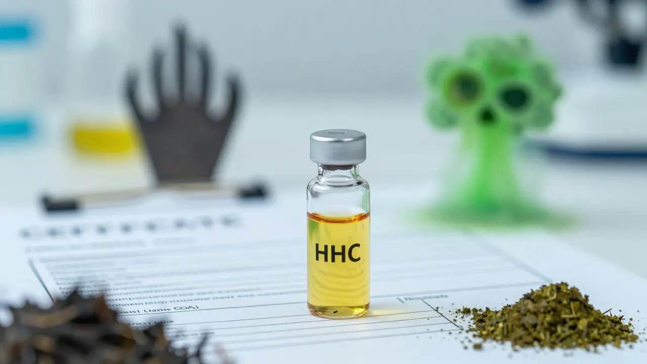 Skleněná lahvička s olejem HHC vedle certifikátu analýzy