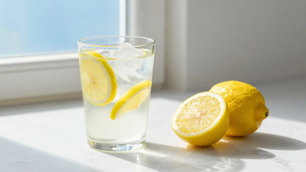 Sklenice citronové vody s ledem a čerstvým citronem na bílém povrchu