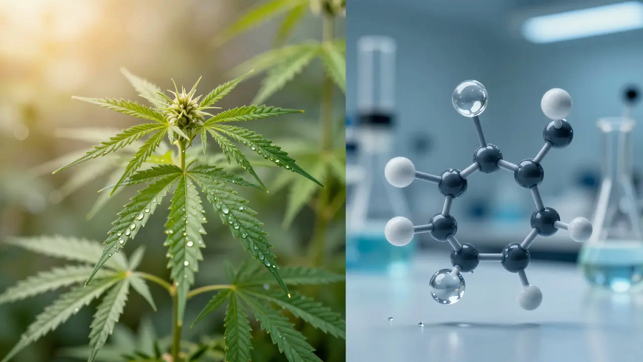 Srovnání přirozené konopné rostliny a syntetické molekuly H4CBD v laboratoři.