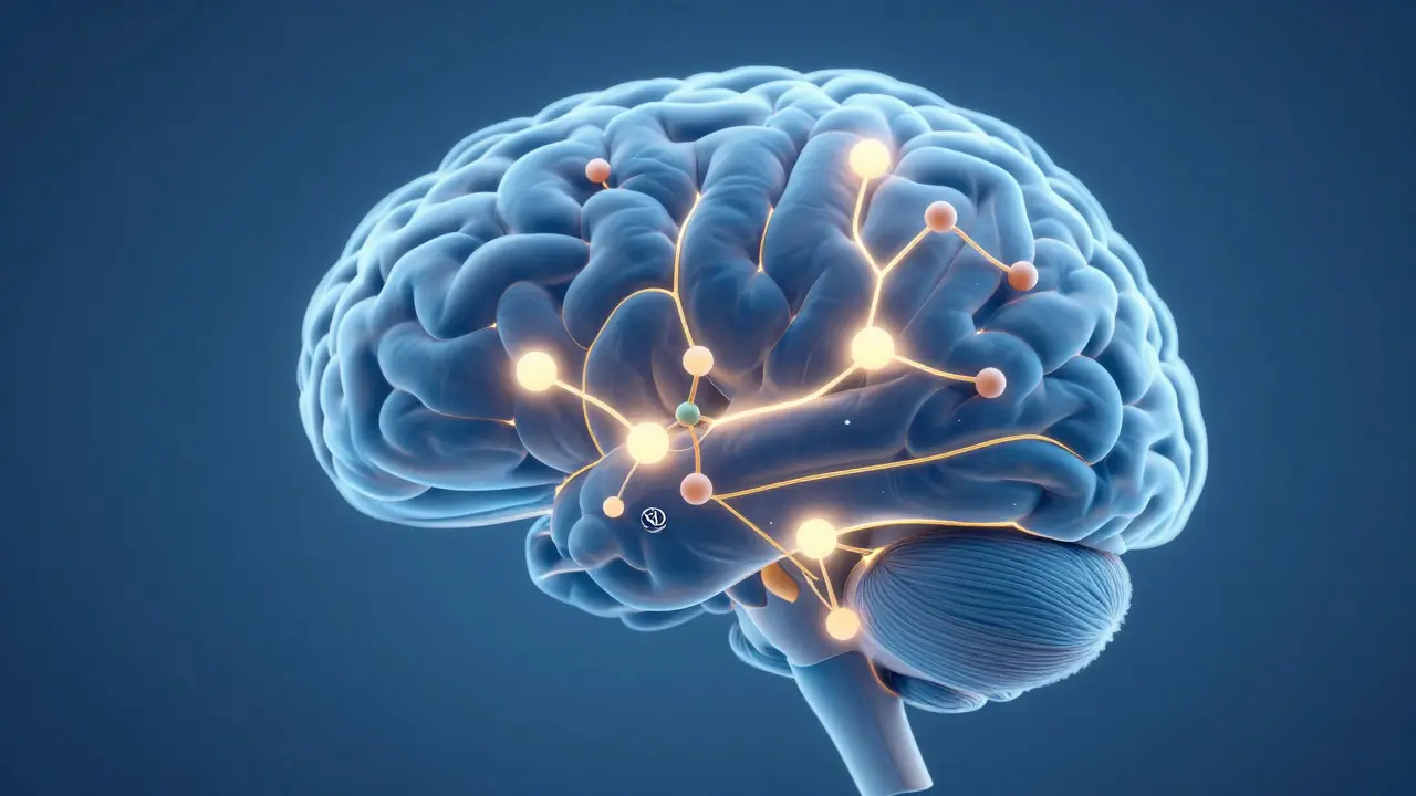 Abstraktní ilustrace mozku s CBD molekulami uklidňujícími receptory
