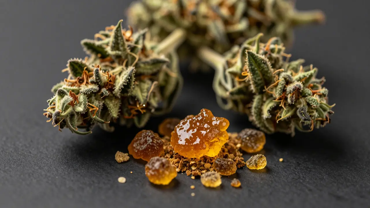 CBD květy a zlatý crumble extrakt na černém podkladu