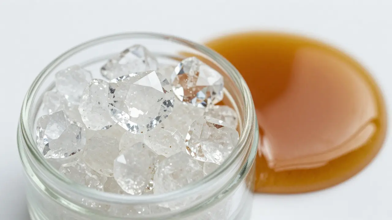 Čiré krystalické THC diamanty vedle zlatavé terpénové omáčky v skle, zdůrazňující čistotu produktu.