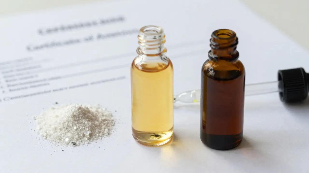 Detailní záběr na různé typy CBD extraktů a laboratorní protokol