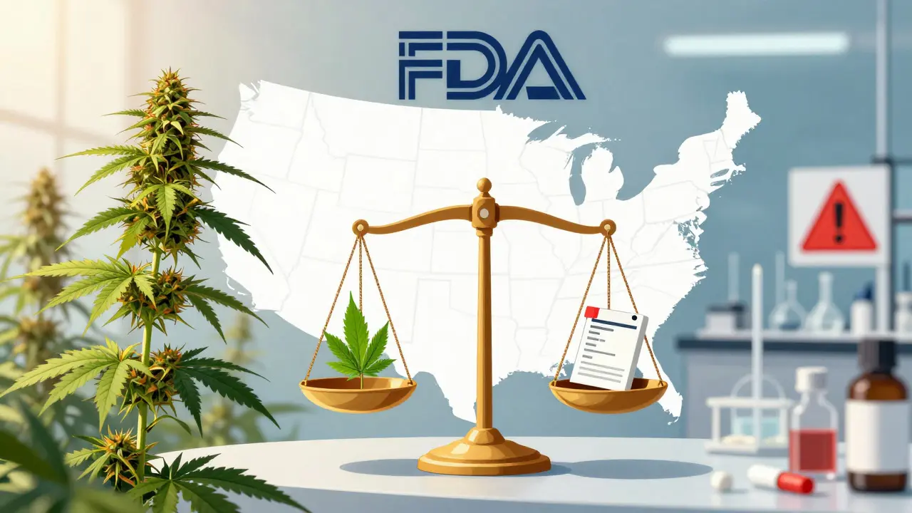 Konceptuální ilustrace právního sporu o CBD mezi zemědělstvím a farmaci