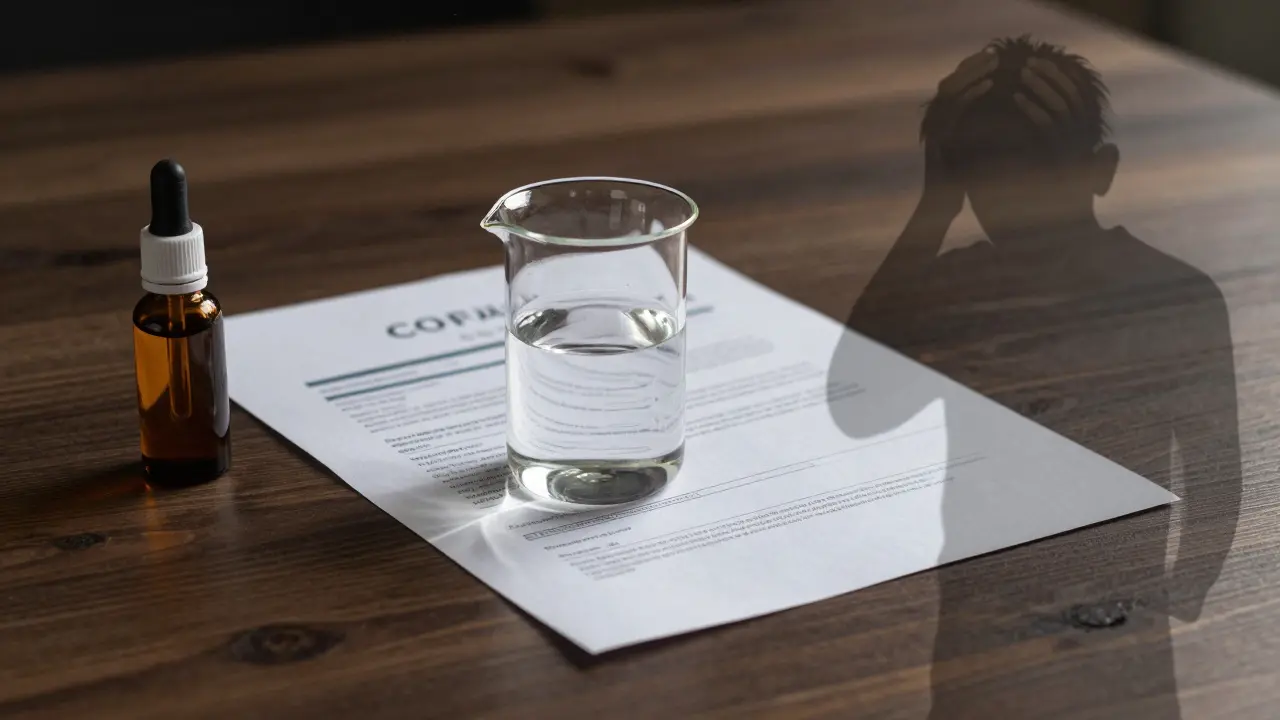 Konceptuální scéna s lahví CBD a certifikátem kvality