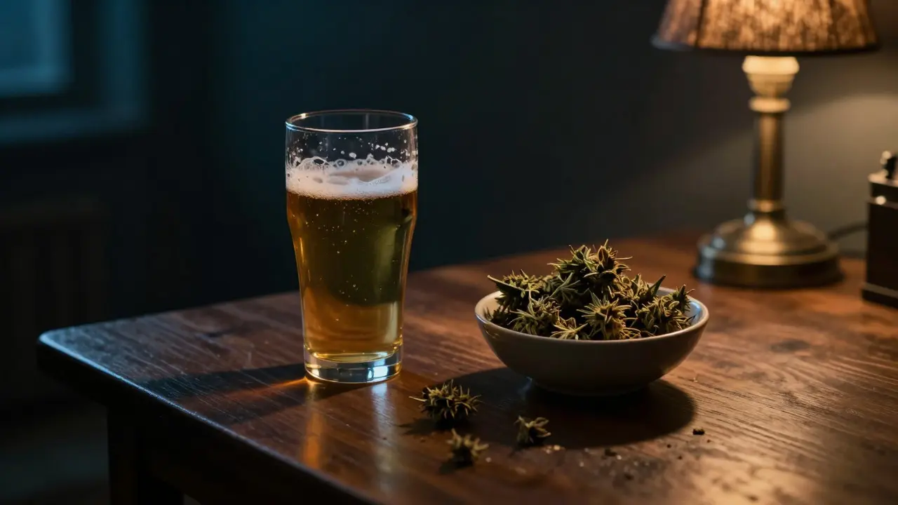 Pivo a konopí na stole při slabém světle symbolizují rizikovou kombinaci