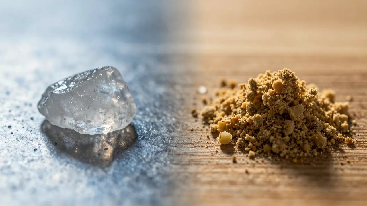 Srovnání textury CBD shatteru a crumbleu vedle sebe
