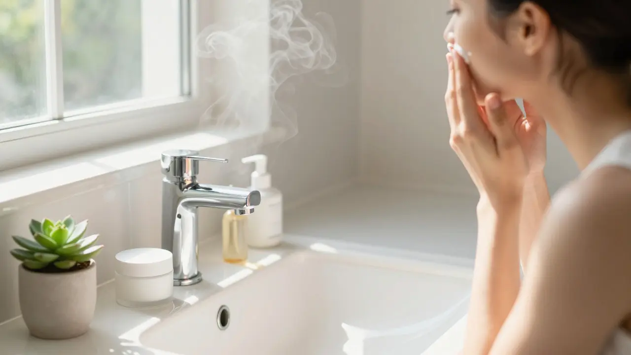 Žena nanáší hydratační krém na obličej v osvětlené koupelně s rostlinami