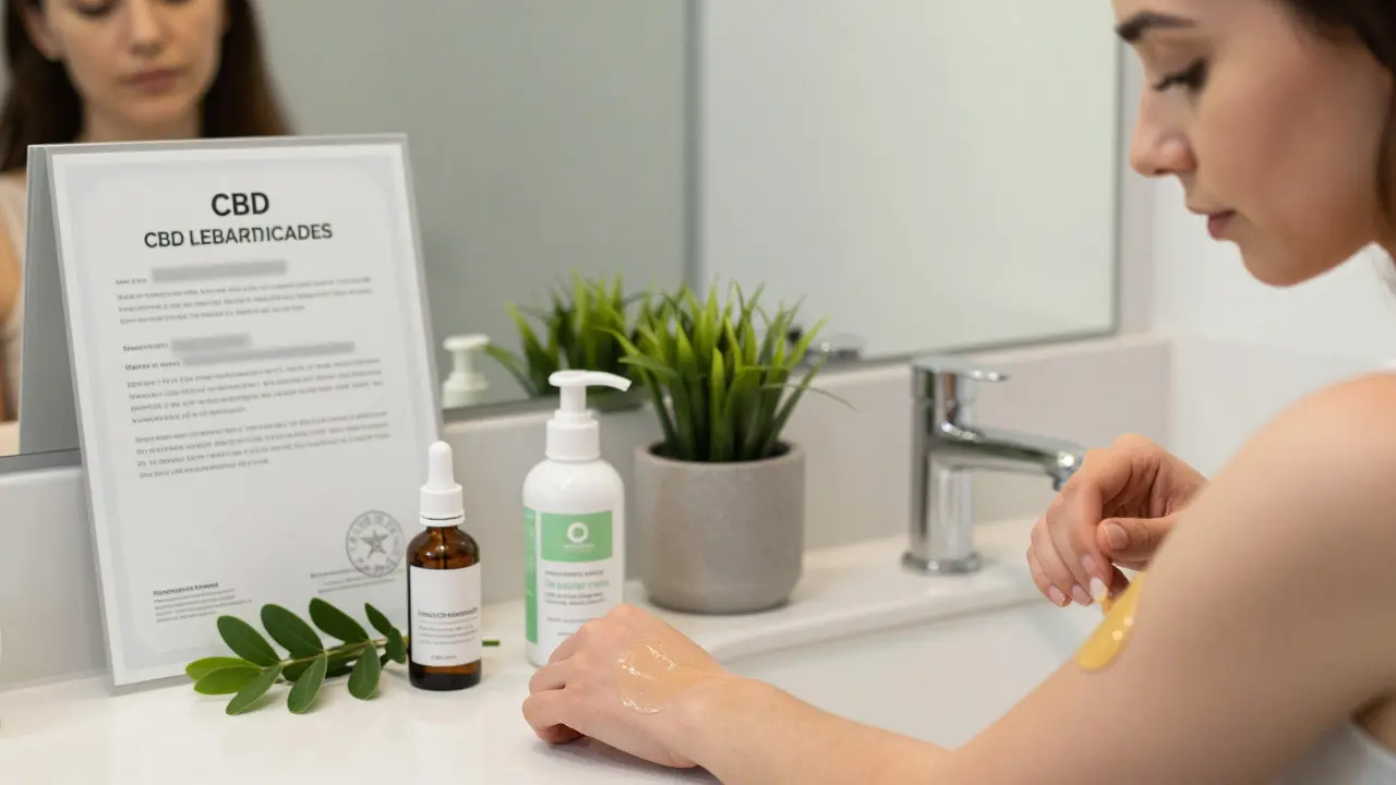 Žena provádí test alergie s CBD krémem vedle certifikátu