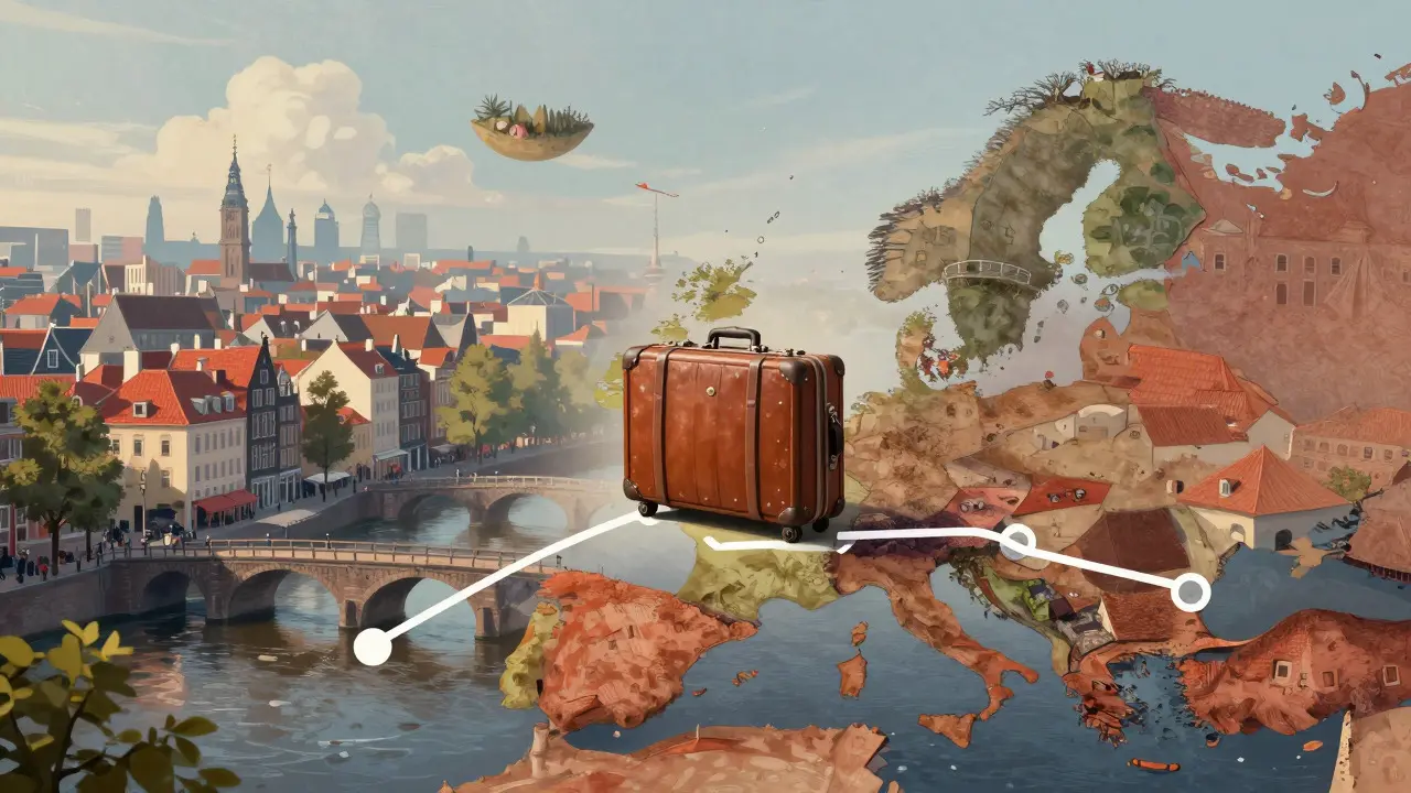 Konceptuální ilustrace cesty z Amsterdamu do Prahy přes Německo