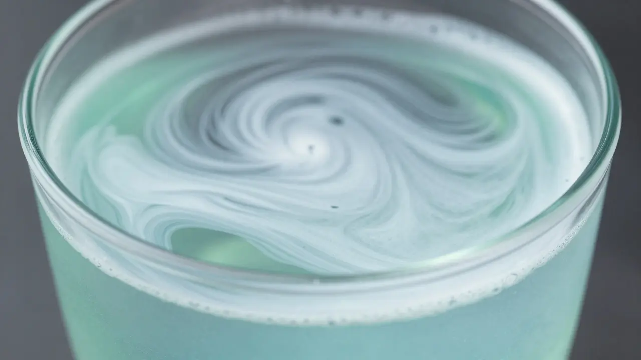 Mléčný efekt louche v absintu po přidání vody, makro záběr tekutiny