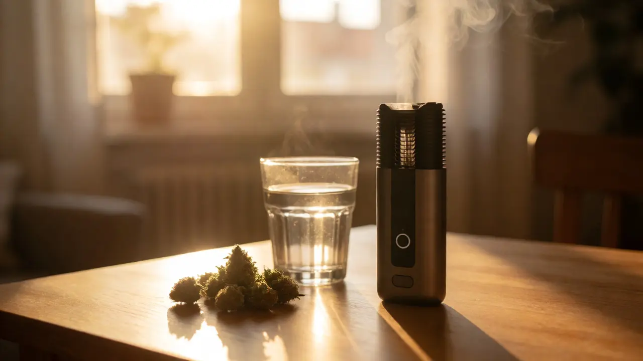 Moderní vaporizér na stole s konopím ve slunečním světle