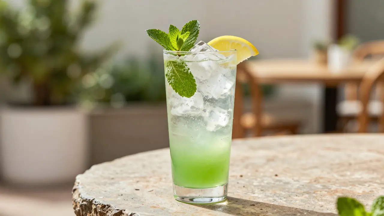 Osvěžující Absinthe Spritz koktejl s ledem a mátou na slunné terase