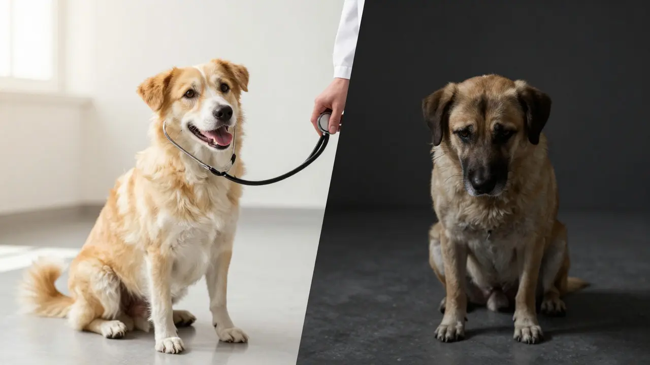 Porovnání klidného psa a psa s varovnými příznaky vedle veterináře