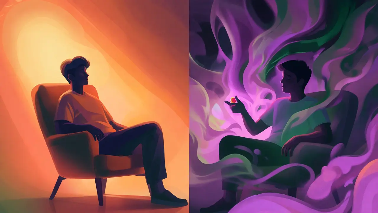 Konceptuální ilustrace rovnováhy mezi relaxací a úzkostí z konzumace edibles