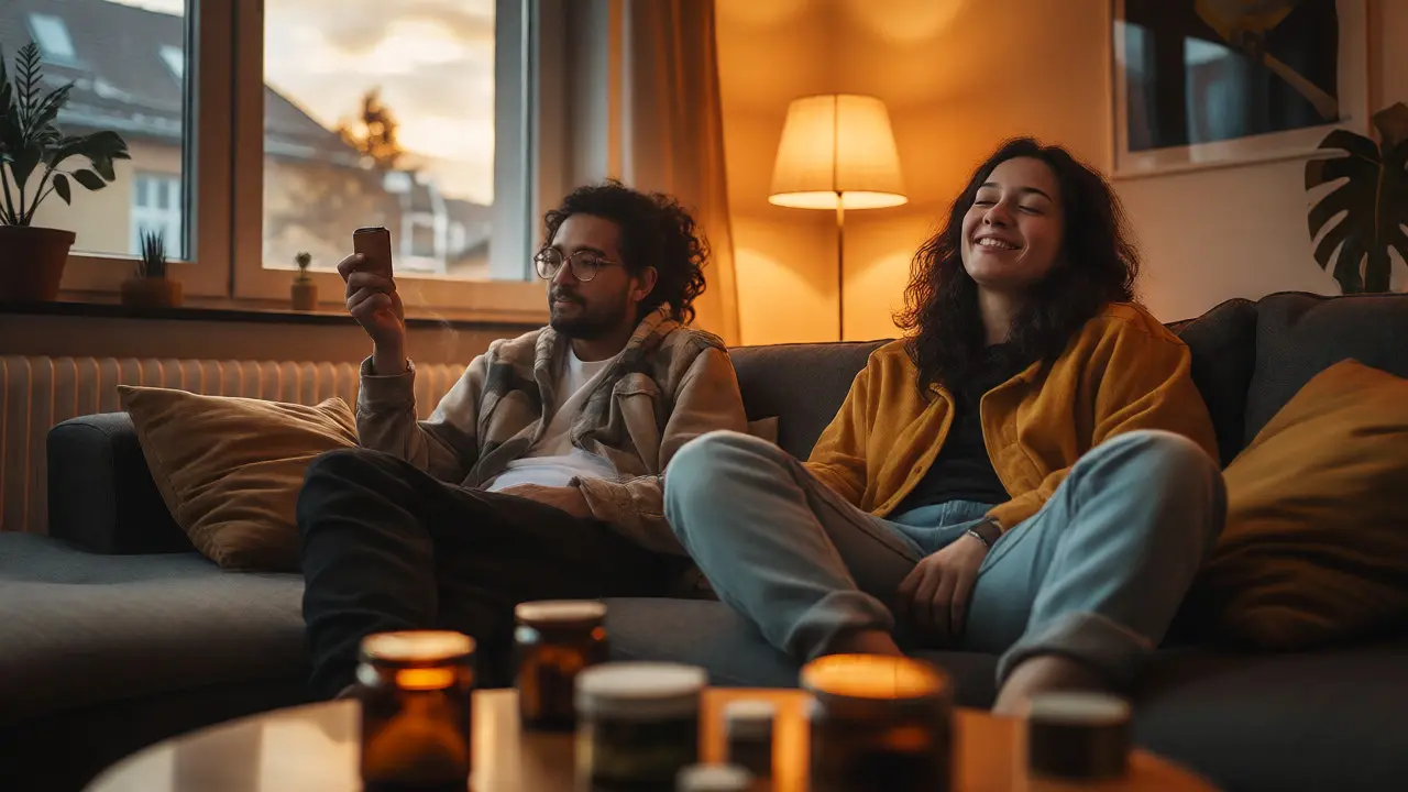 Přátelé v uvolněné atmosféře při konzumaci produktů z konopí