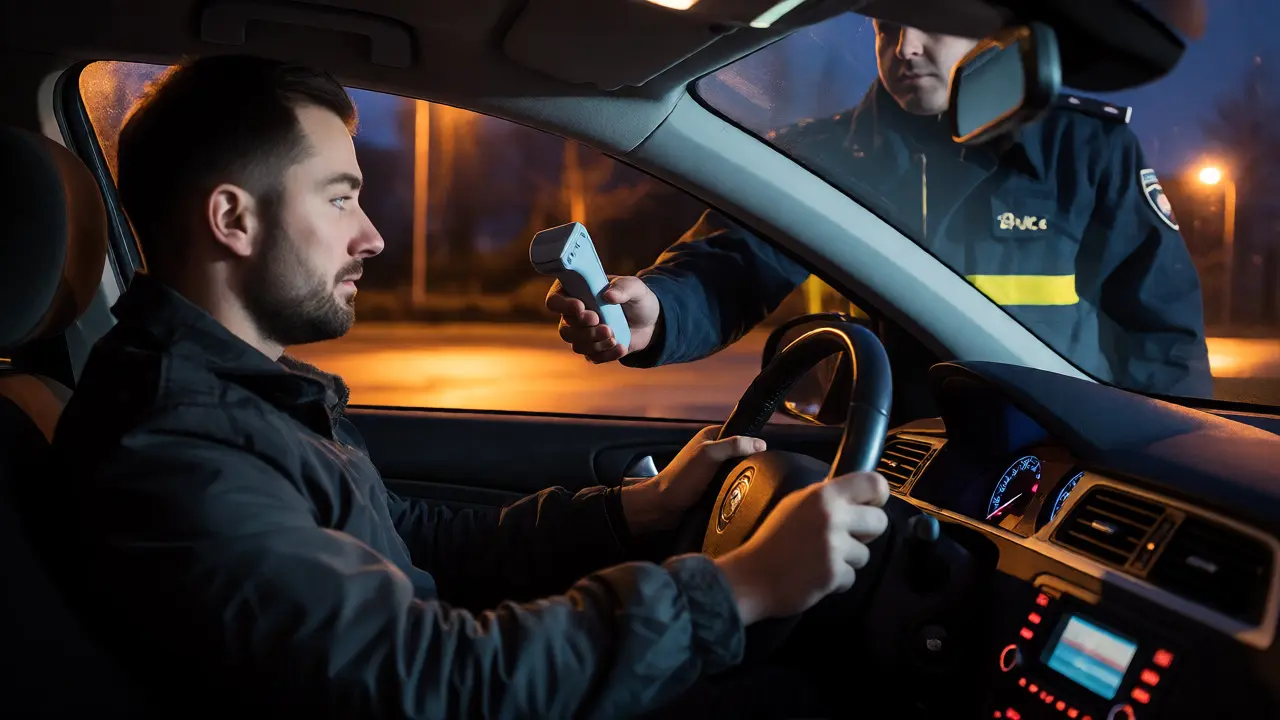 Řidič v autě během policejní kontroly s testem na omamné látky