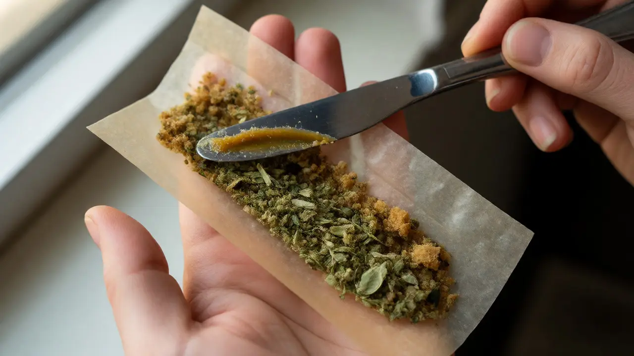 Rozetírání vrstvy CBD krusty na vnitřní stranu wrapu před přidáním květiny