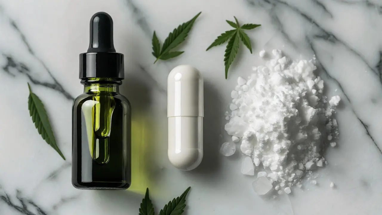 Srovnání Full Spectrum oleje, kapsle Broad Spectrum a krystalického izolátu na mramoru