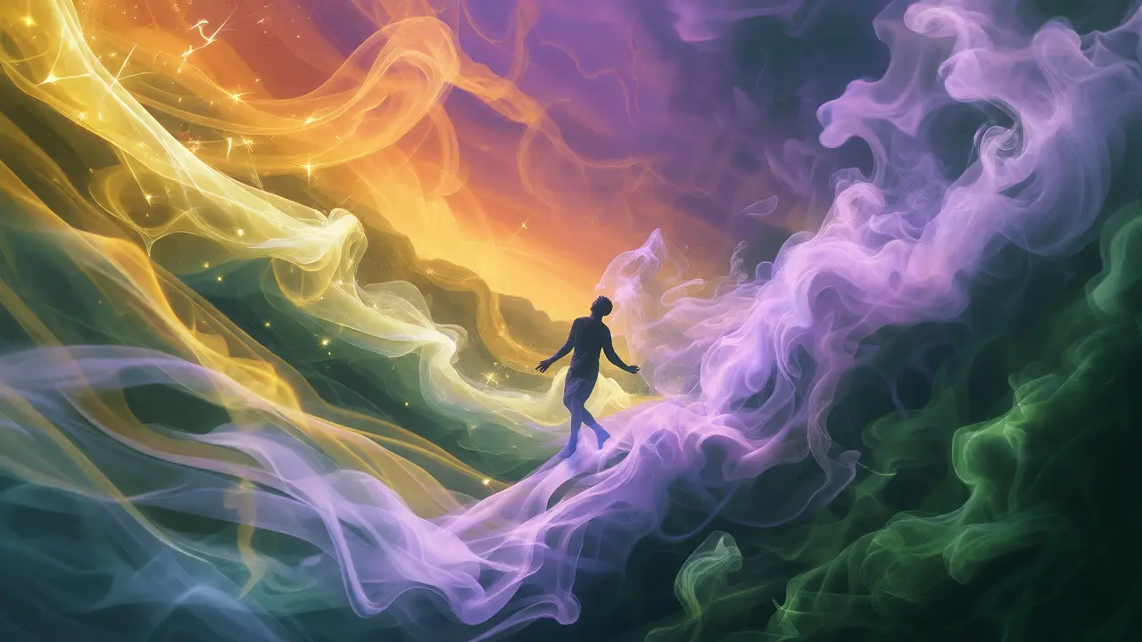 Surrealistická scéna znázorňující rovnováhu mezi povzbuzujícími a uklidňujícími terpeny.