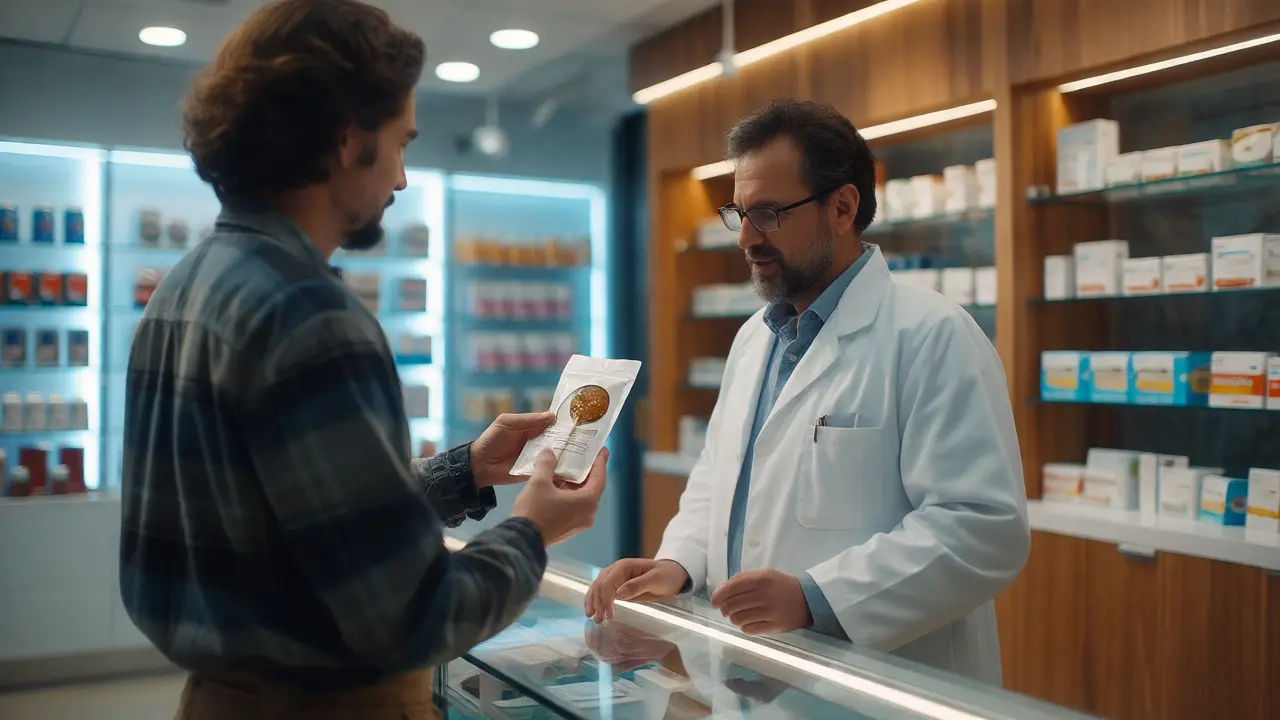 Zákazník si vybírá konopné lízátka v lékárně pod dohledem farmaceutky