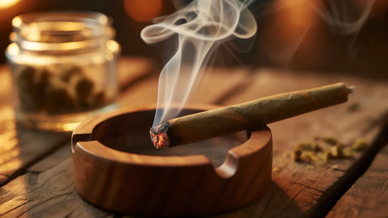 Zapálený blunt s krustou vydávající jemný kouř v útulném prostředí