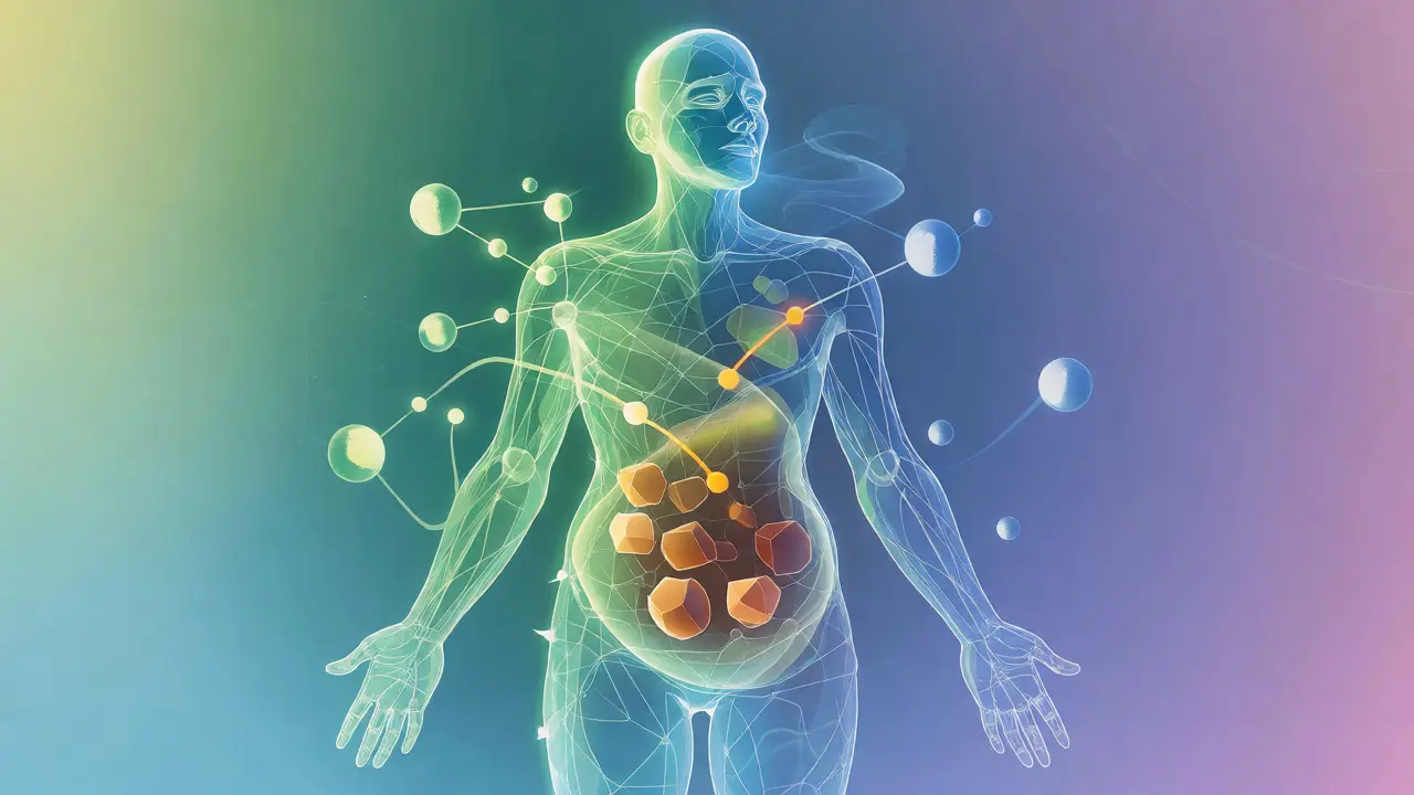 Abstraktní vizualizace endokanabinoidního systému a metabolismu tuků s CBD molekulami.