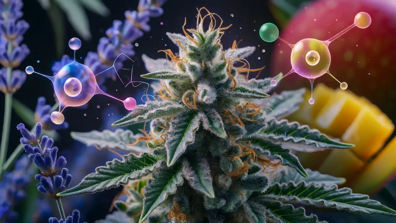 Detail konopných palic s vizualizací terpenů