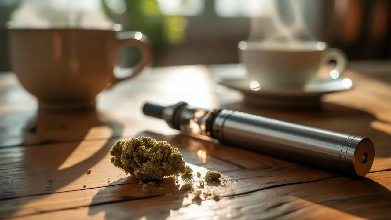 Detailní záběr na CBD hash a vaporizátor na dřevěném stole