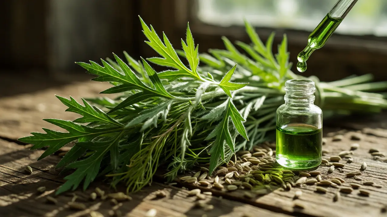 Detailní záběr na palín černý a esenciální olej pro výrobu absintu
