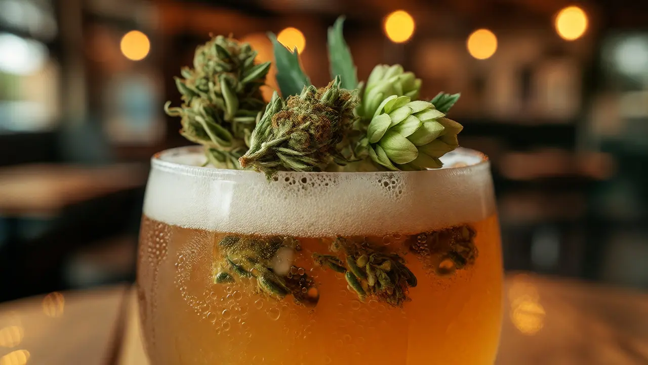 Detailní záběr na pivo s konopnými květy a chmelem