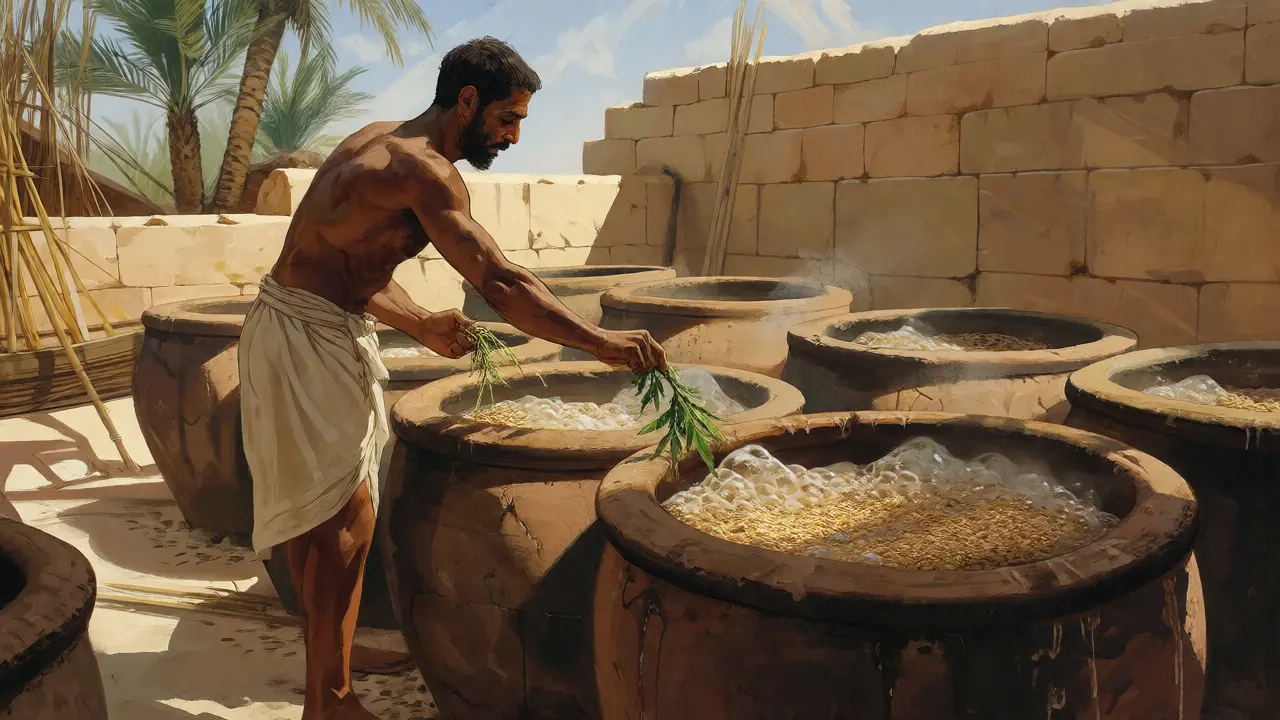Egyptský sládek přidávající konopí do kvasné kádě u Nilu