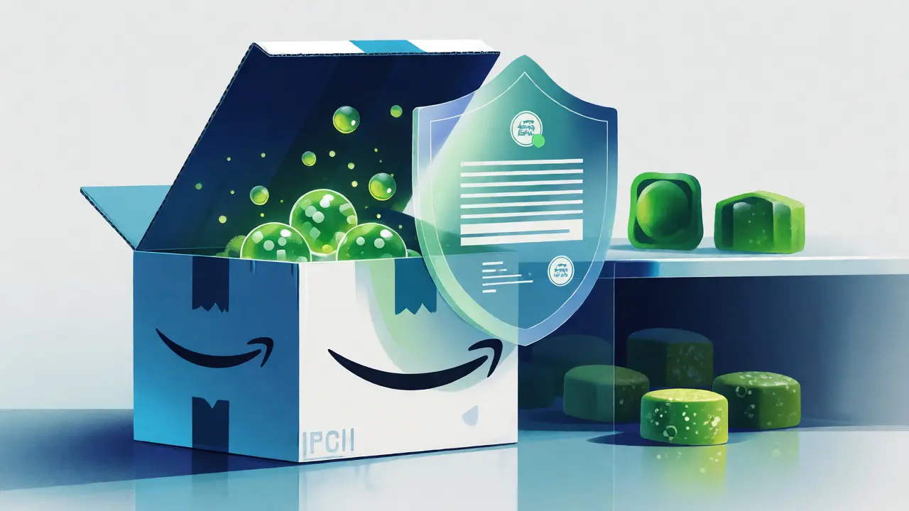 Ilustrace regulačních bariér Amazonu pro prodej CBD produktů a FDA pravidel.