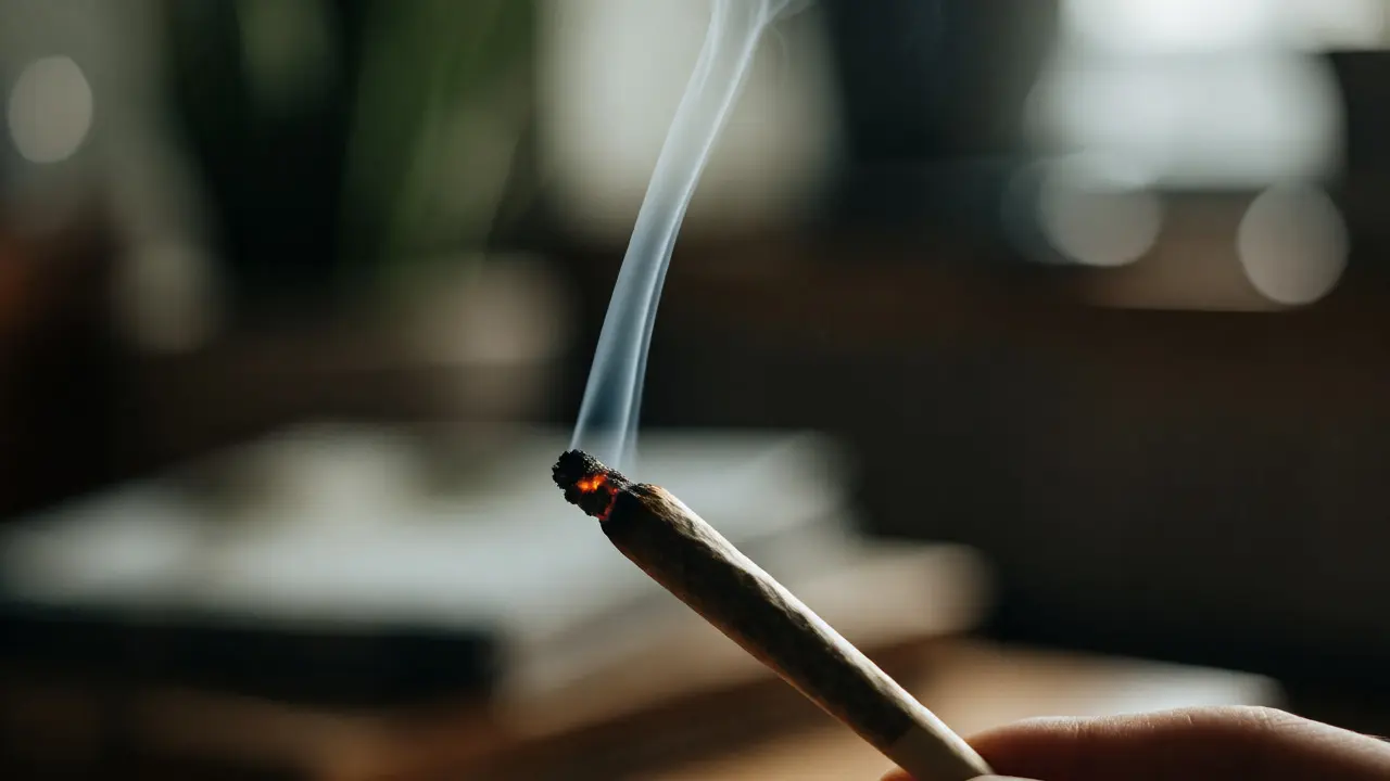 Joint s CBD crumble hořící pomalým bílým kouřem v klidném prostředí