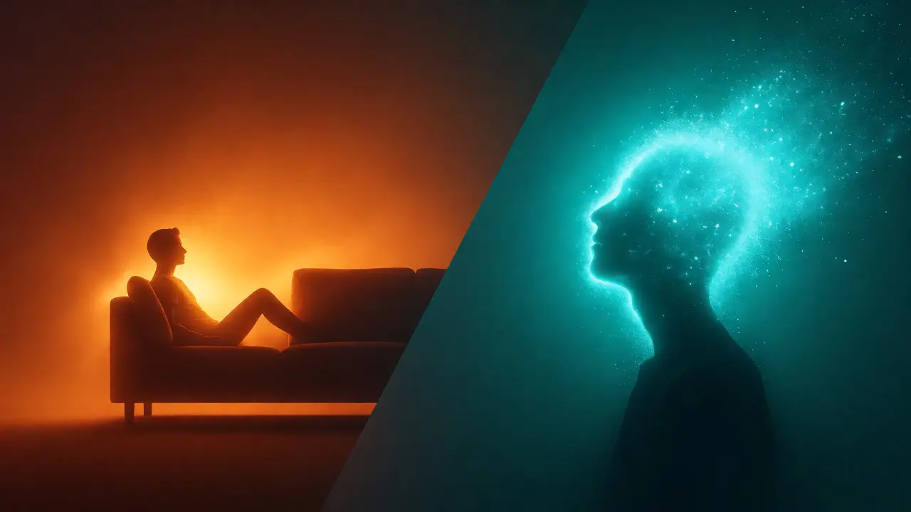 Konceptuální ilustrace porovnávající tělesnou relaxaci a mentální energii