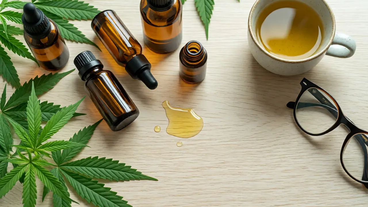 Lay-flat scéna s lahvičkami CBD oleje, konopnými listy a šálkem čaje na dřevěném stole.
