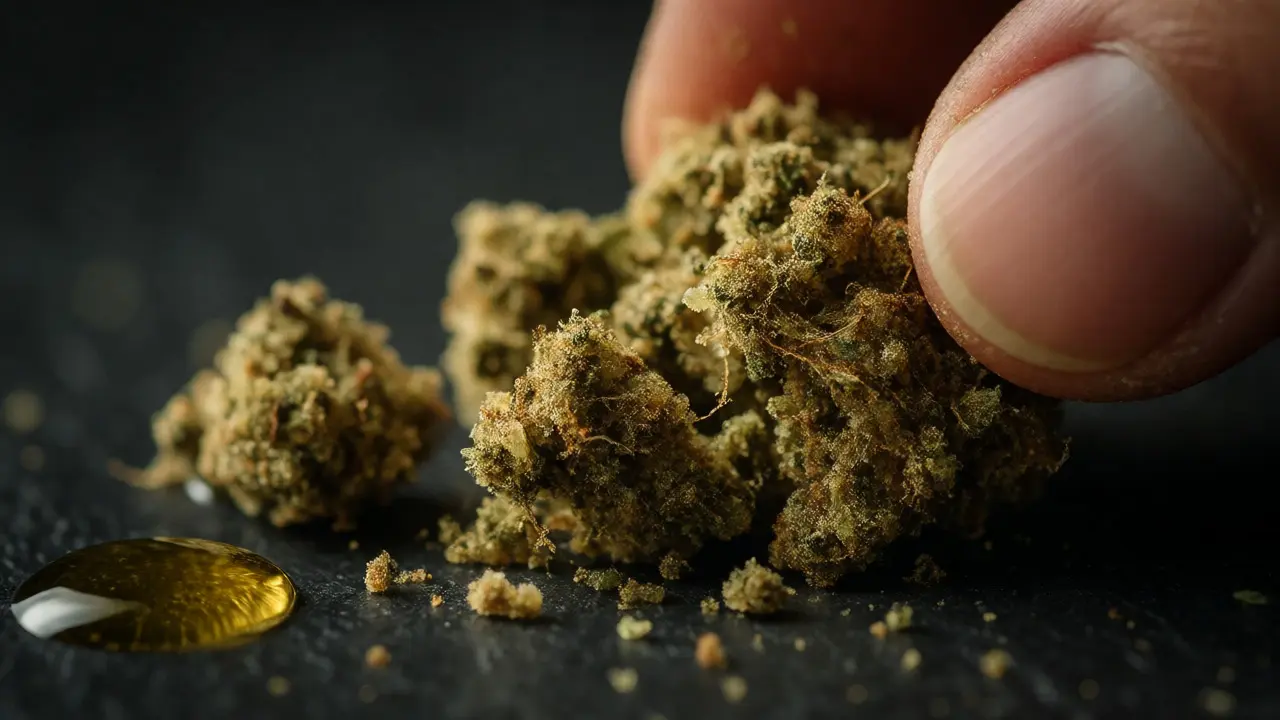 Makro fotografie drobení kvalitního plnospektrálního CBD hašiše s viditelnými terpeny.