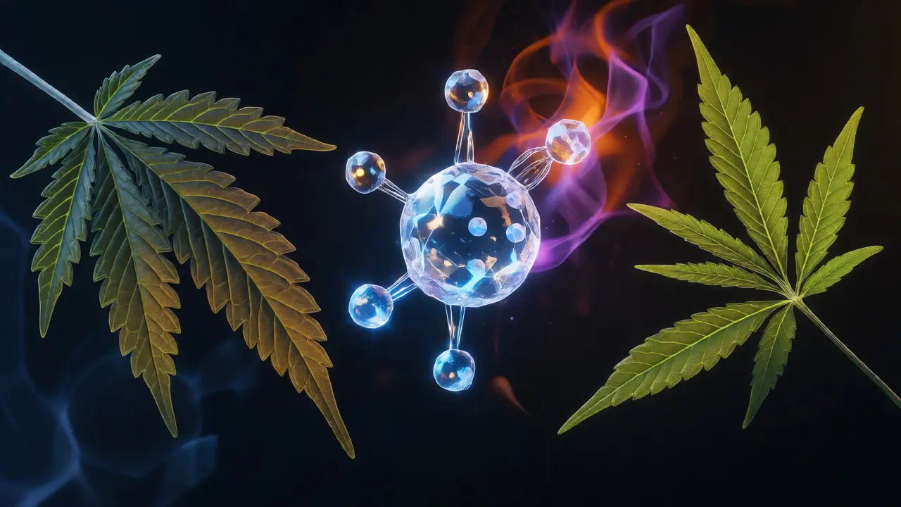 Makro snímek molekuly CBD mezi listy indiky a sativy s barevnými terpeny.