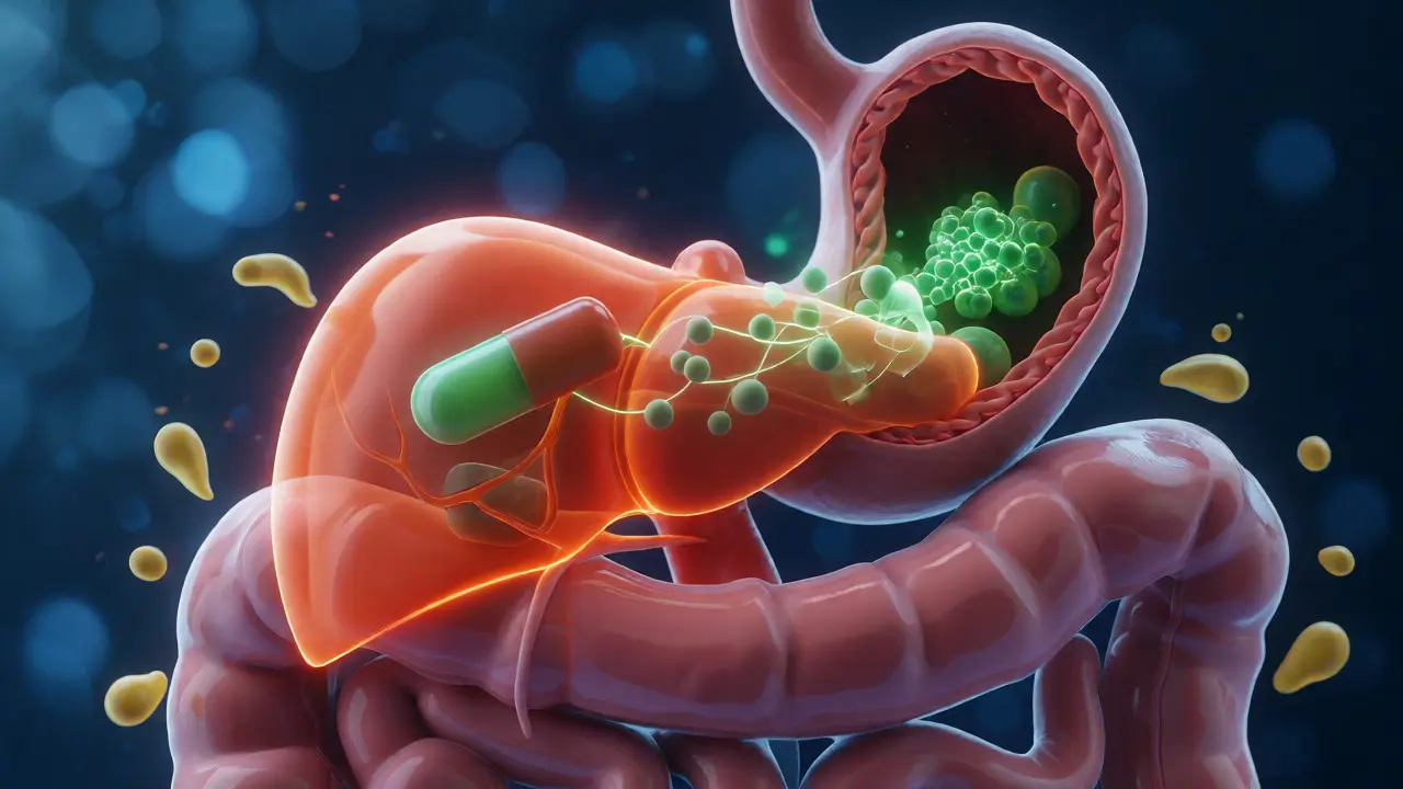 Medicínská ilustrace trávení edibiles a přeměny THC v játrech.