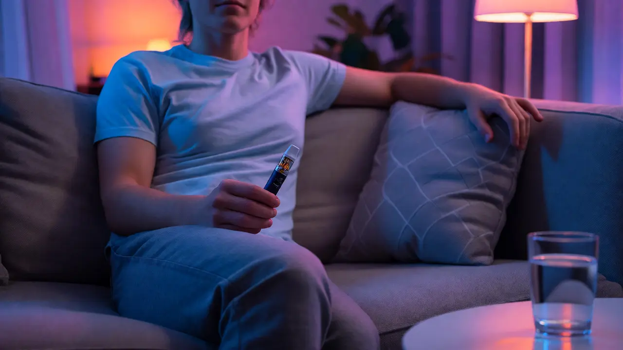 Osoba relaxující na gauči s HHC vapem ve večerních hodinách pro lepší spánek.