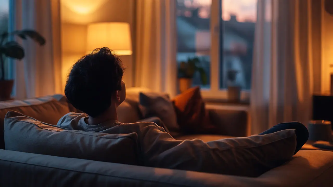 Osoba relaxující na gauči v teplém večerním osvětlení