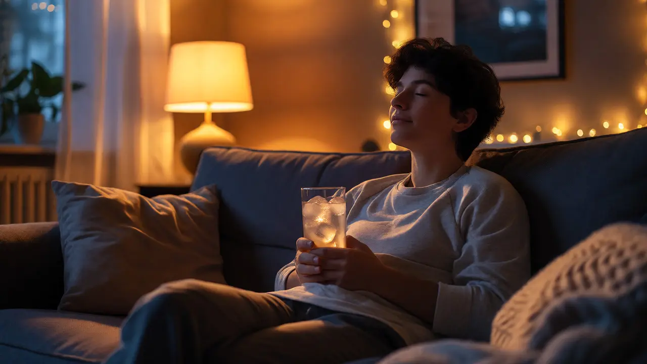 Osoba relaxující večer na gauči s nápojem