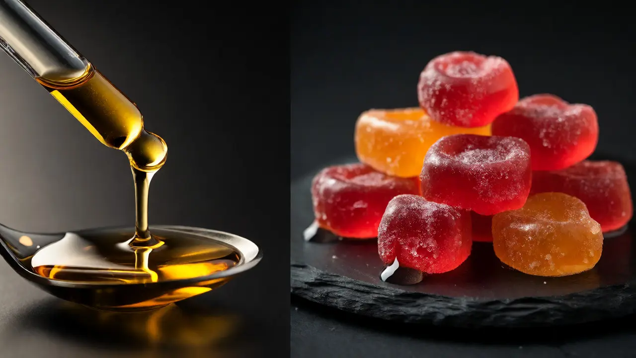 Porovnání kapky čistého CBD oleje a hromady sladkých cukrových gummies.