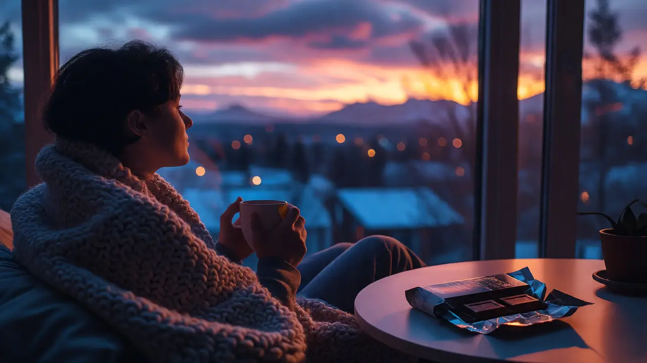 Relaxační večerní scéna u okna s CBD čokoládou